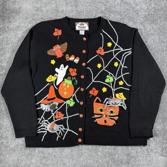 Tiara International Sweaters - Halloween Cardigan Sweater Women's Large Black Spiders Ghosts Pumpkin Tiara Int
